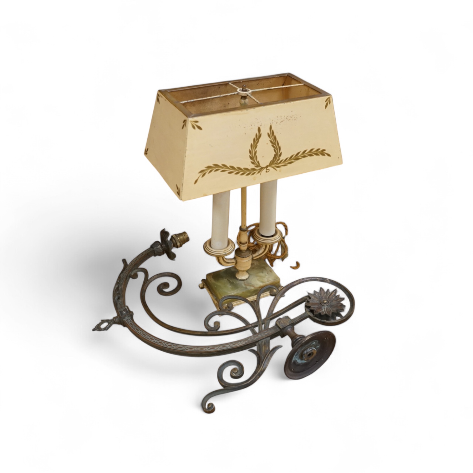 A cast brass wall sconce and a toleware two light lamp on onyx base, largest 46cm wide (2)